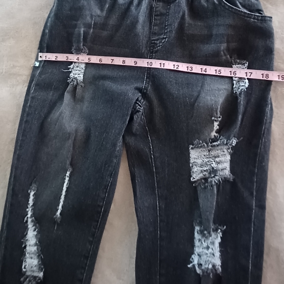 Faded Black Hi-Rise Distressed Destructed Elastic Waist Baggy Frayed Jeans Pants - Picture 9 of 15